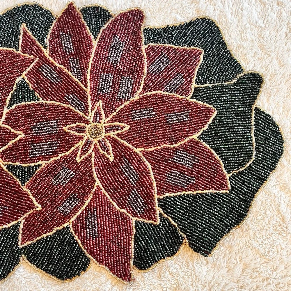 Christmas Hand Beaded Poinsettia Table Runner Red Green Floral Holiday 36x13
